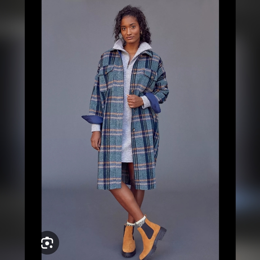 If By Sea Anthropologie Plaid Longline Coatigan in Teal Gray - Women's Jacket